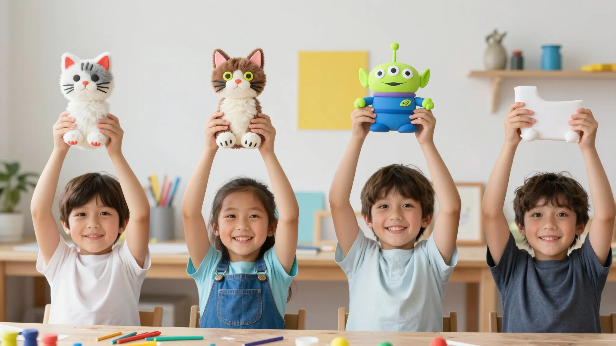 A joyful scene of children proudly holding up their handmade...