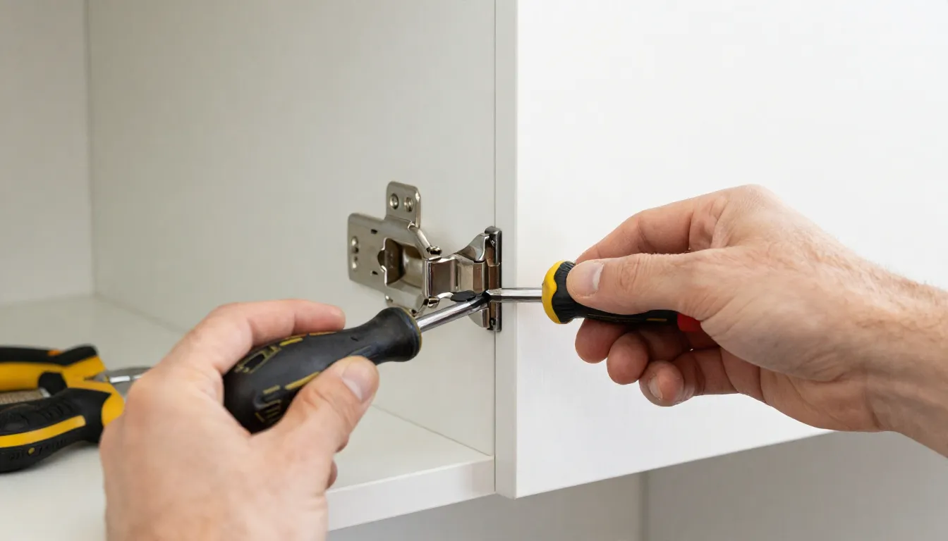 A close-up shot of a person's hands using a screwdriver to a...