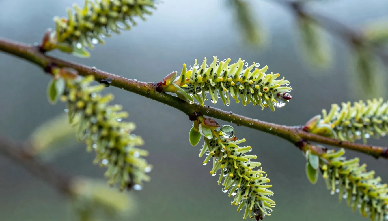 Detailed shot of rain droplets on willow catkins and young l...