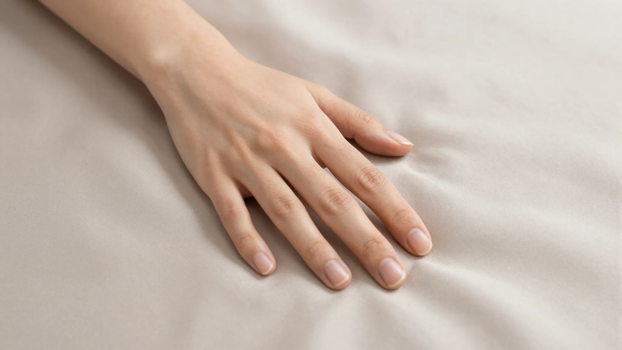 A close-up of a person's hand touching a soft silk fabric, s...