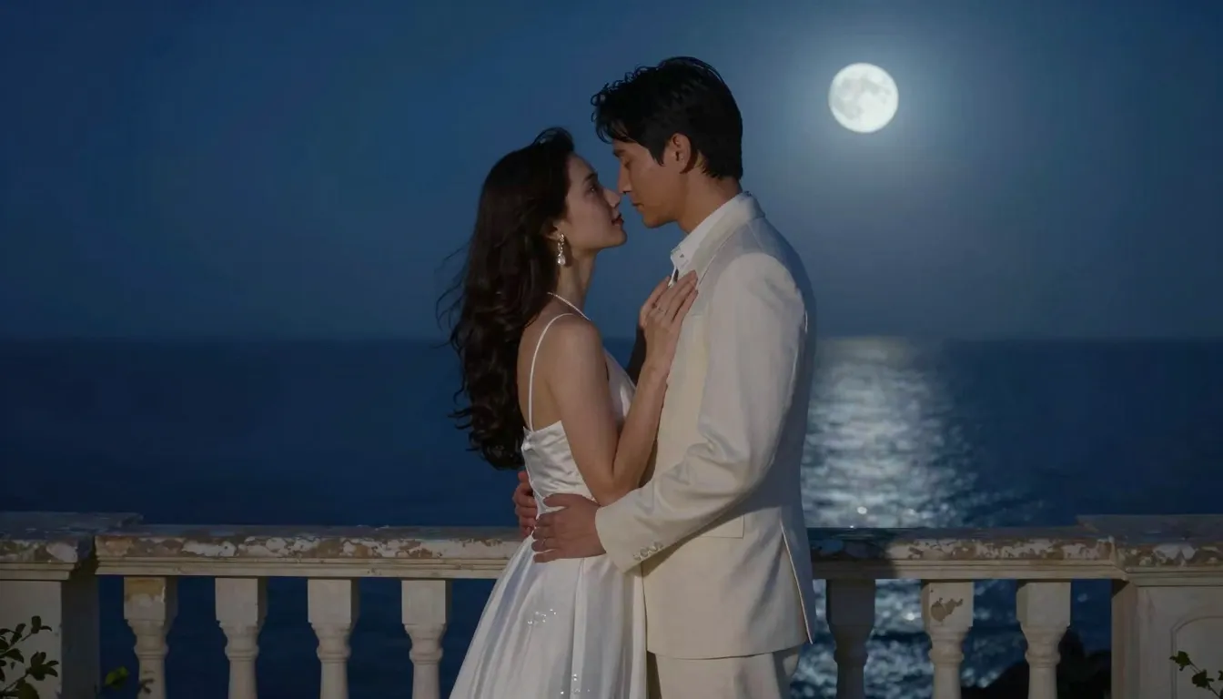 A romantic couple standing on a balcony overlooking a moonli...