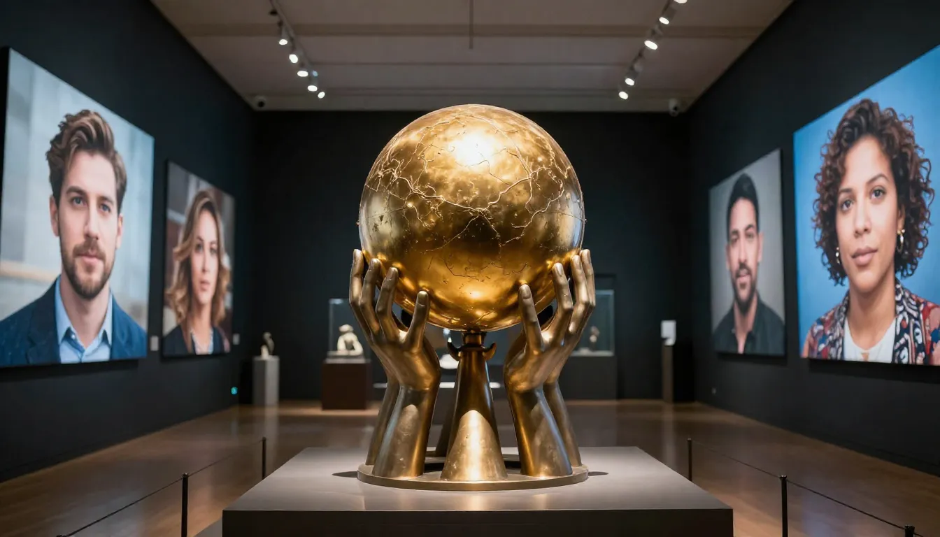 Interior of a museum hall, a central sculpture of many hands...