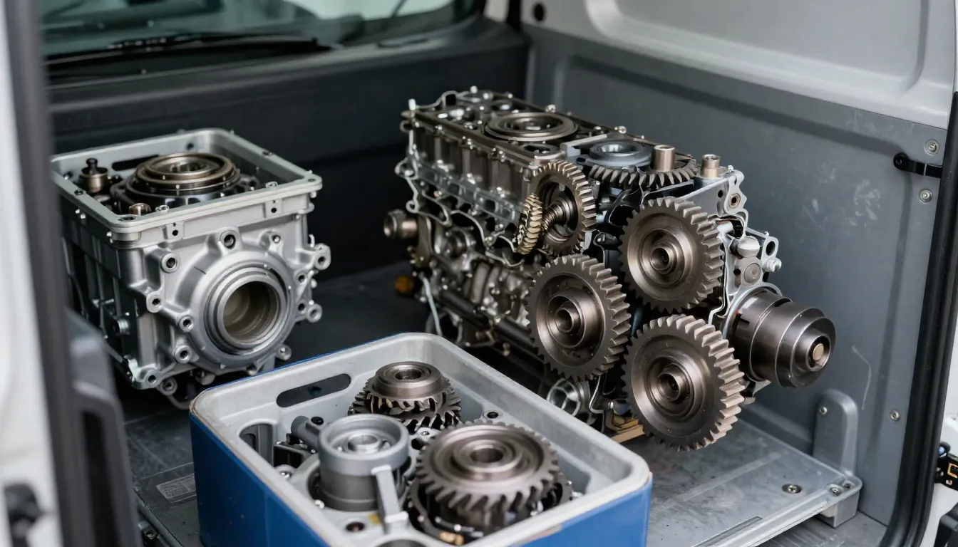 Close-up of various car engine parts and gears inside a clea...
