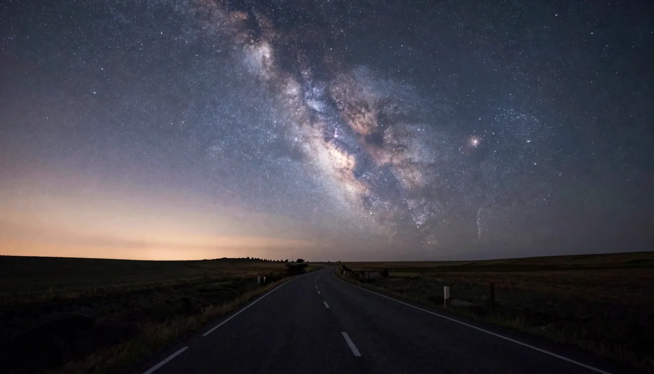 A scenic view of a curved road merging into a celestial rive...