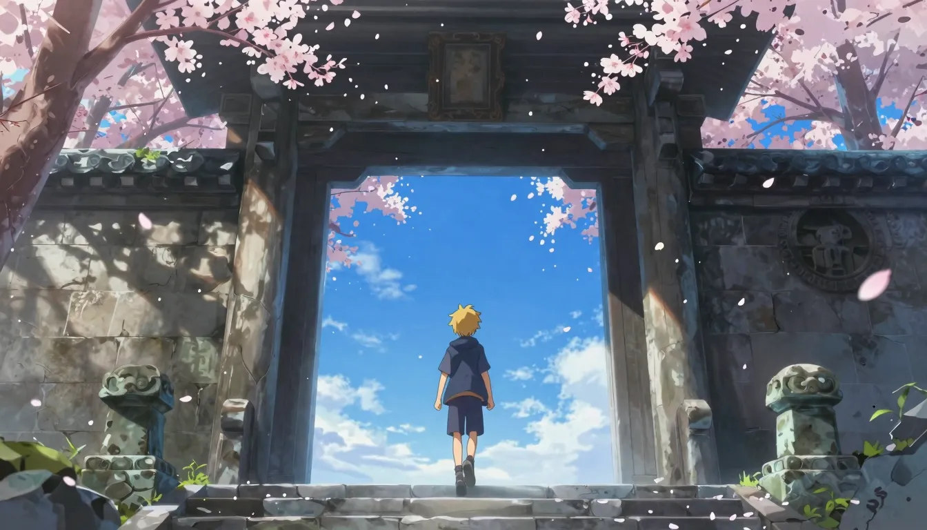 A futuristic blue portal opening inside an ancient Japanese ...