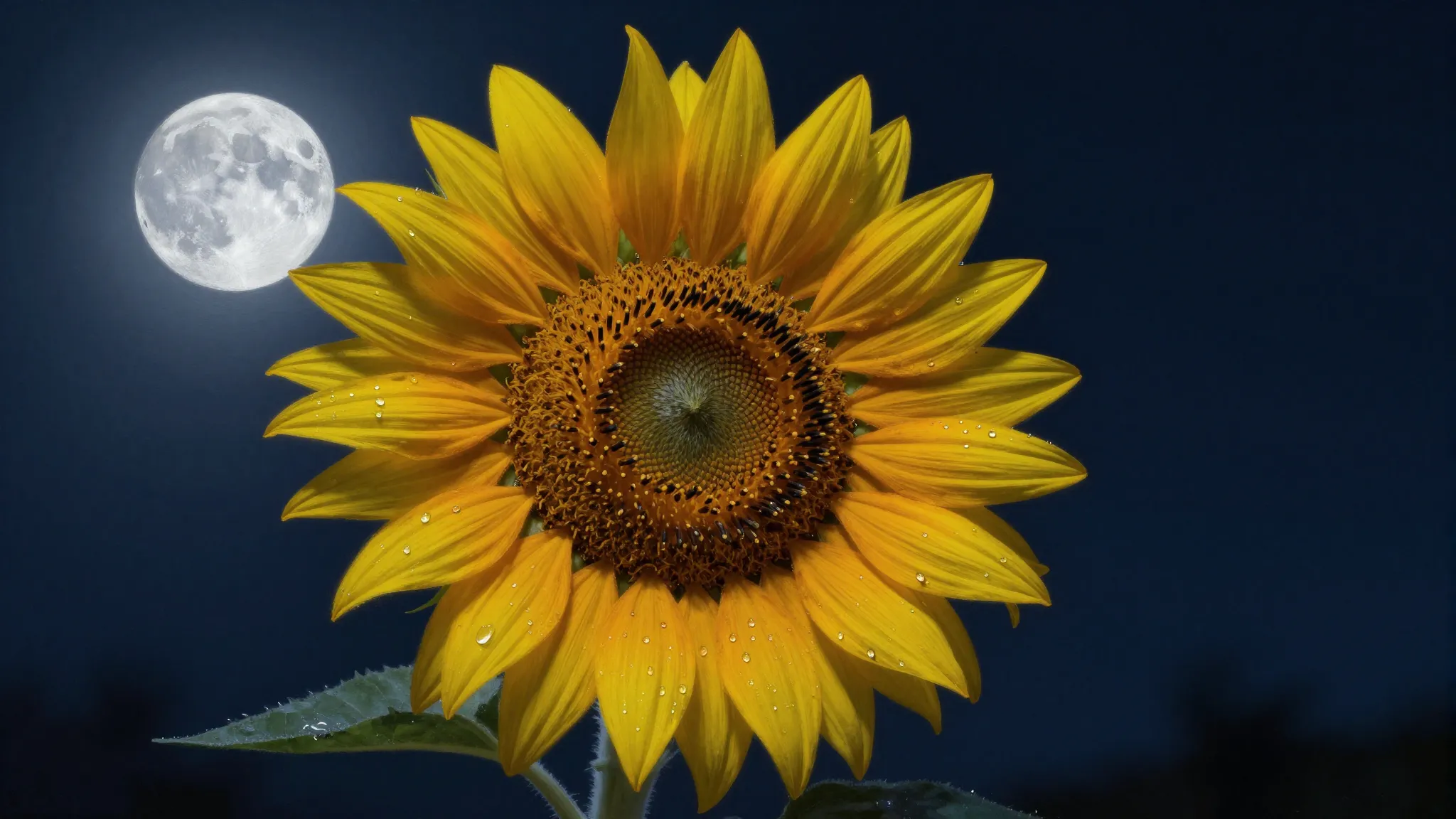 A solitary sunflower under a deep dark night sky, glowing so...