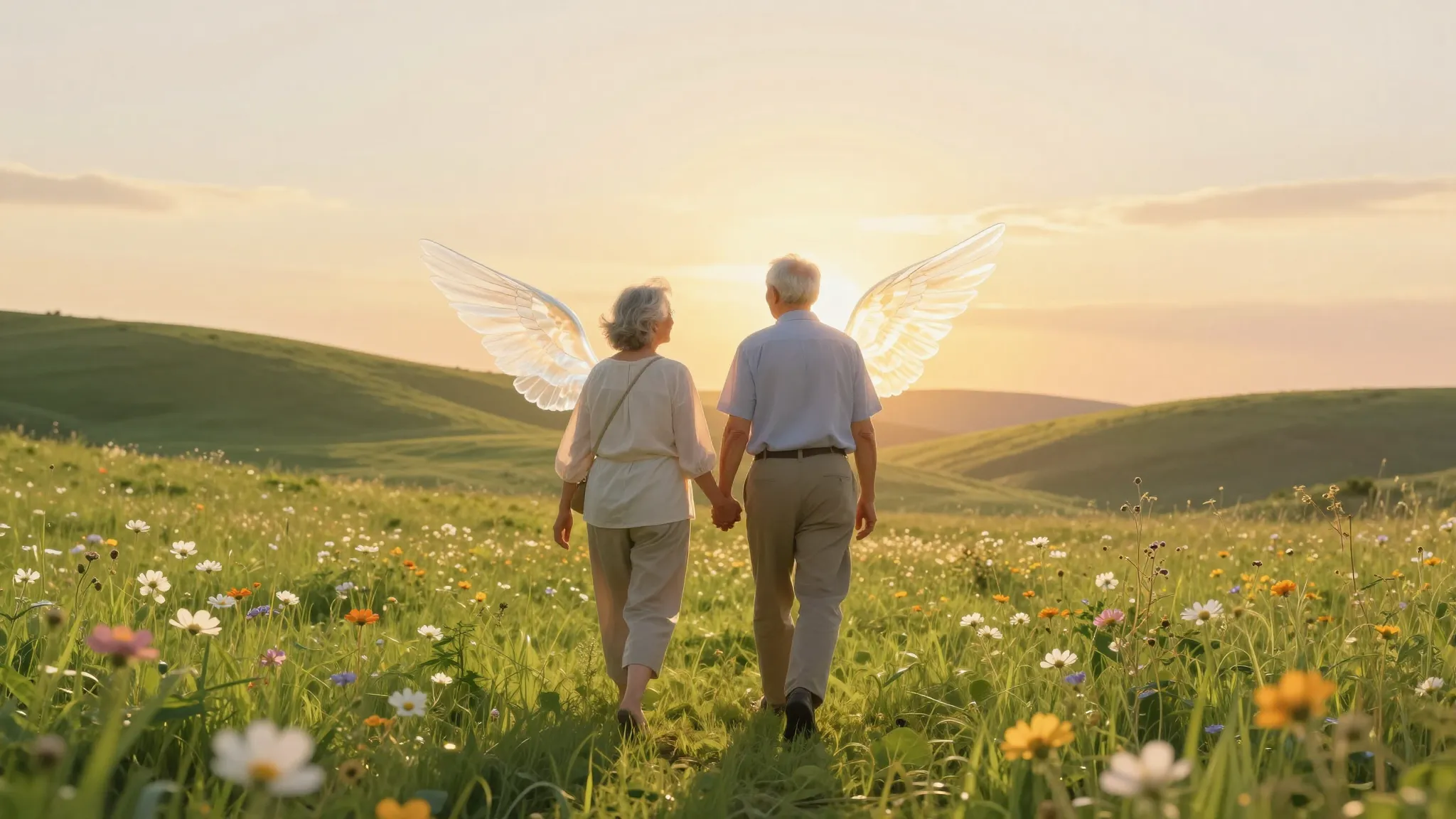 A beautiful, bright illustration of two souls as an elderly ...