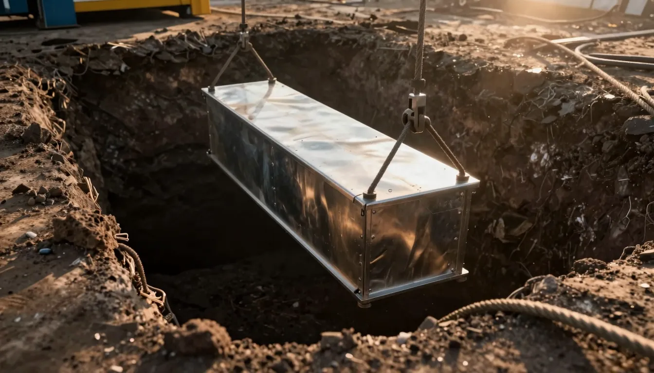 Cinematic shot of a long shiny rectangular metal box being l...