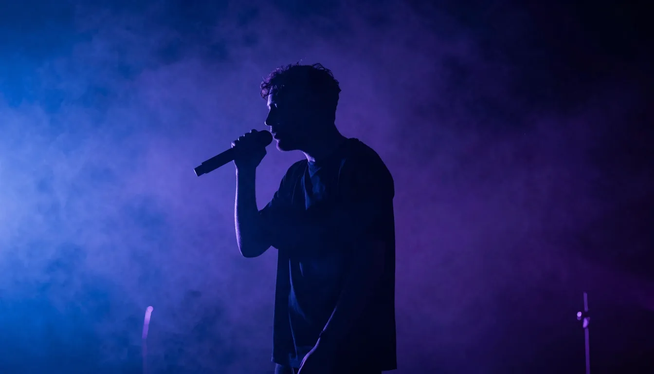 A dramatic and moody silhouette of a musician on a stage fil...