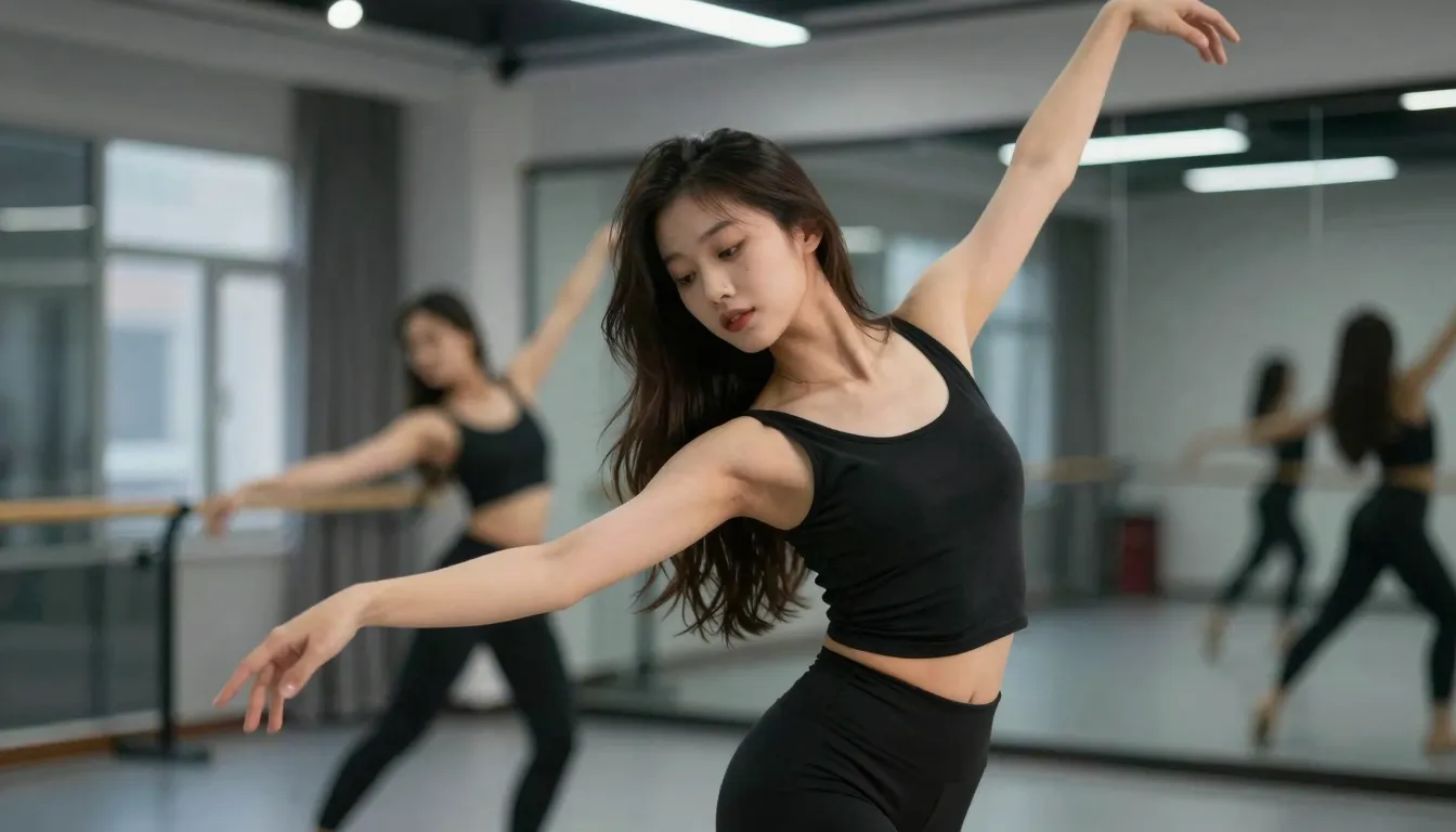 A beautiful young woman dancing gracefully in a modern studi...
