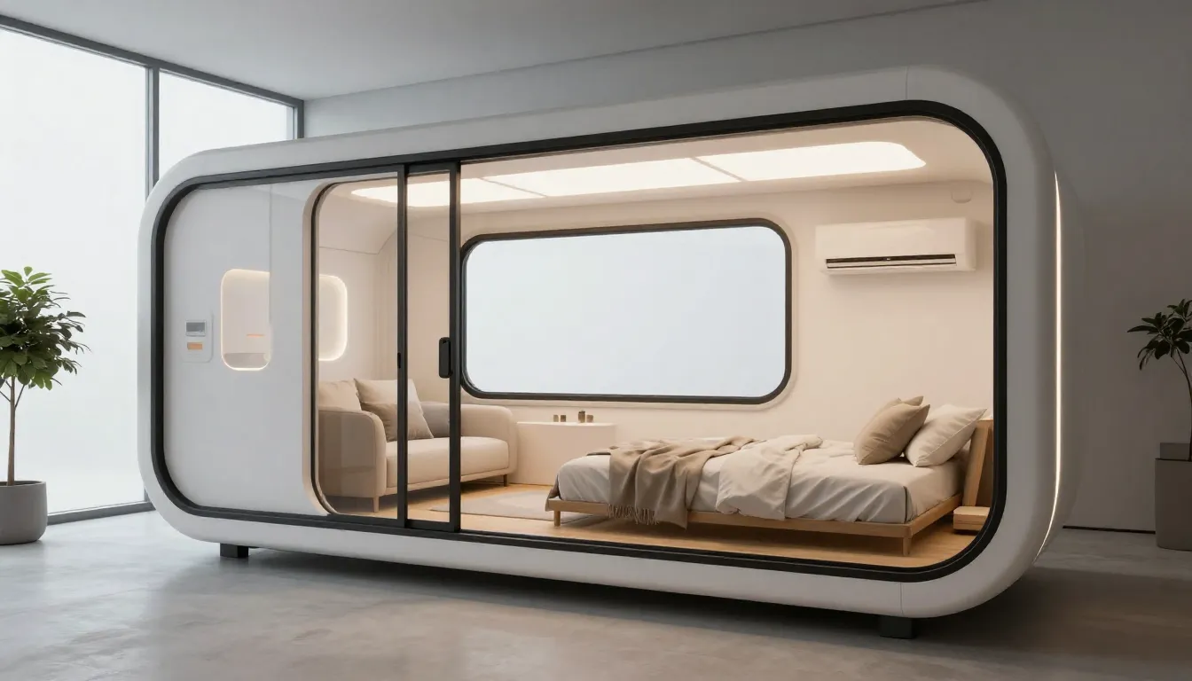 Minimalist interior of a smart capsule house, large panorami...