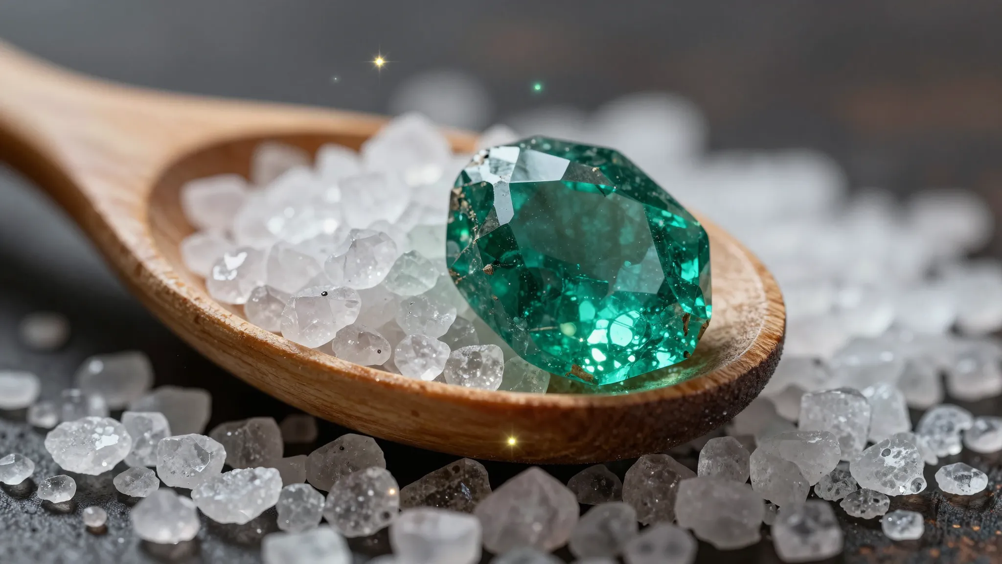 A close up of a sparkling salt crystal and a raw emerald lyi...