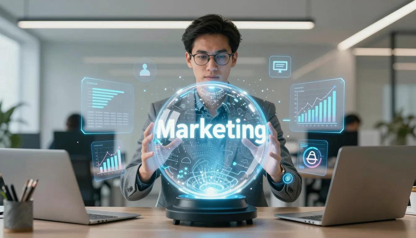 A professional marketing expert with a futuristic crystal ba...