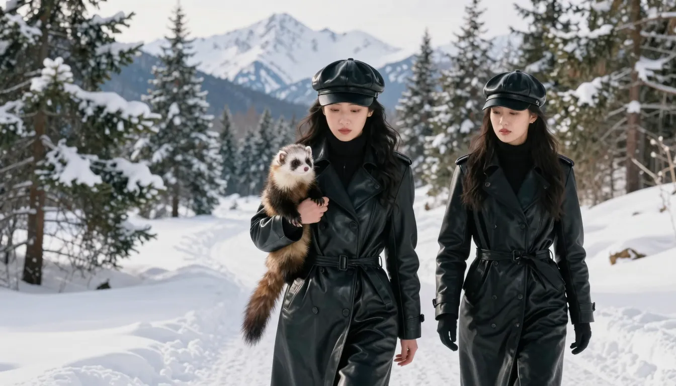 Two stylish Chinese women walking through deep snow in a hig...