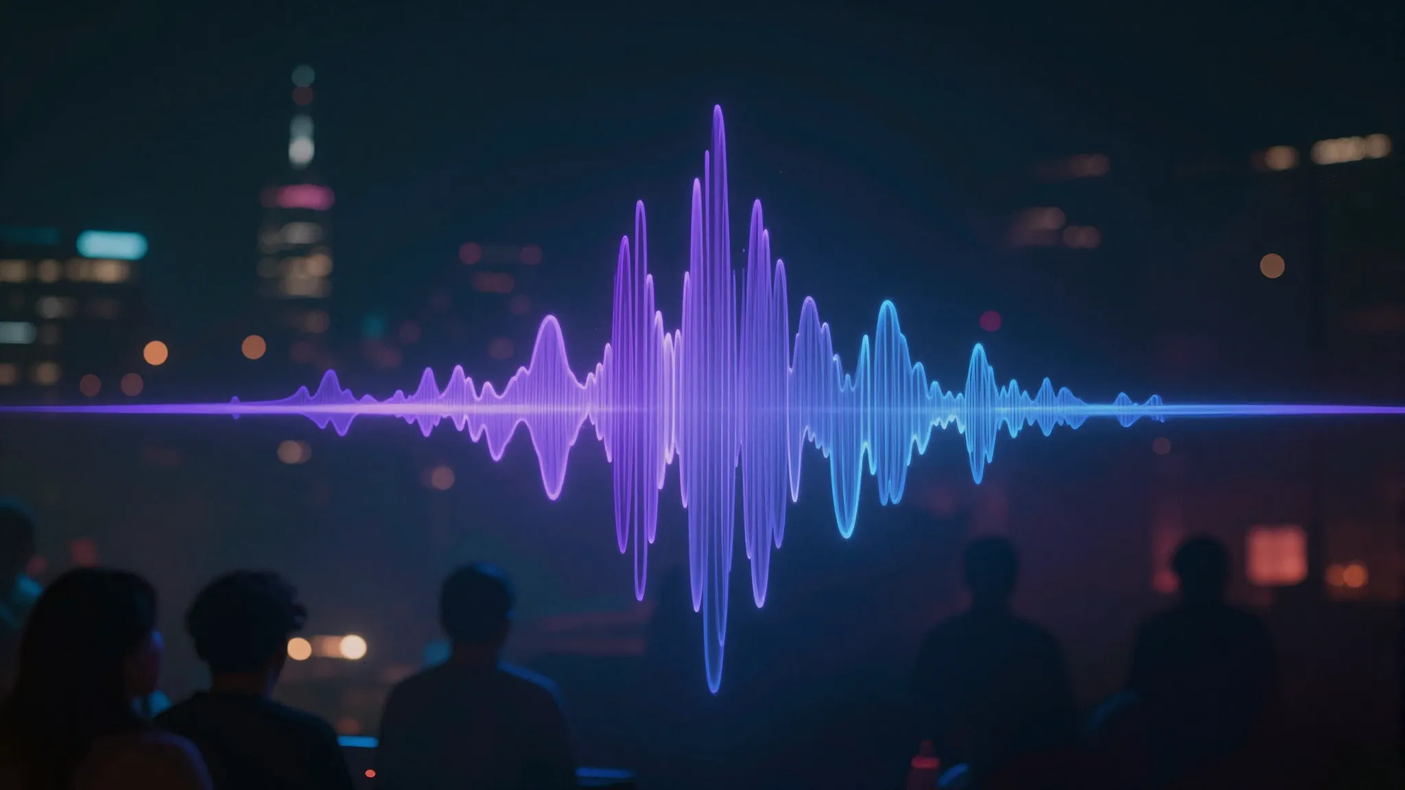 Neon purple and blue abstract sound wave with blurred city l...
