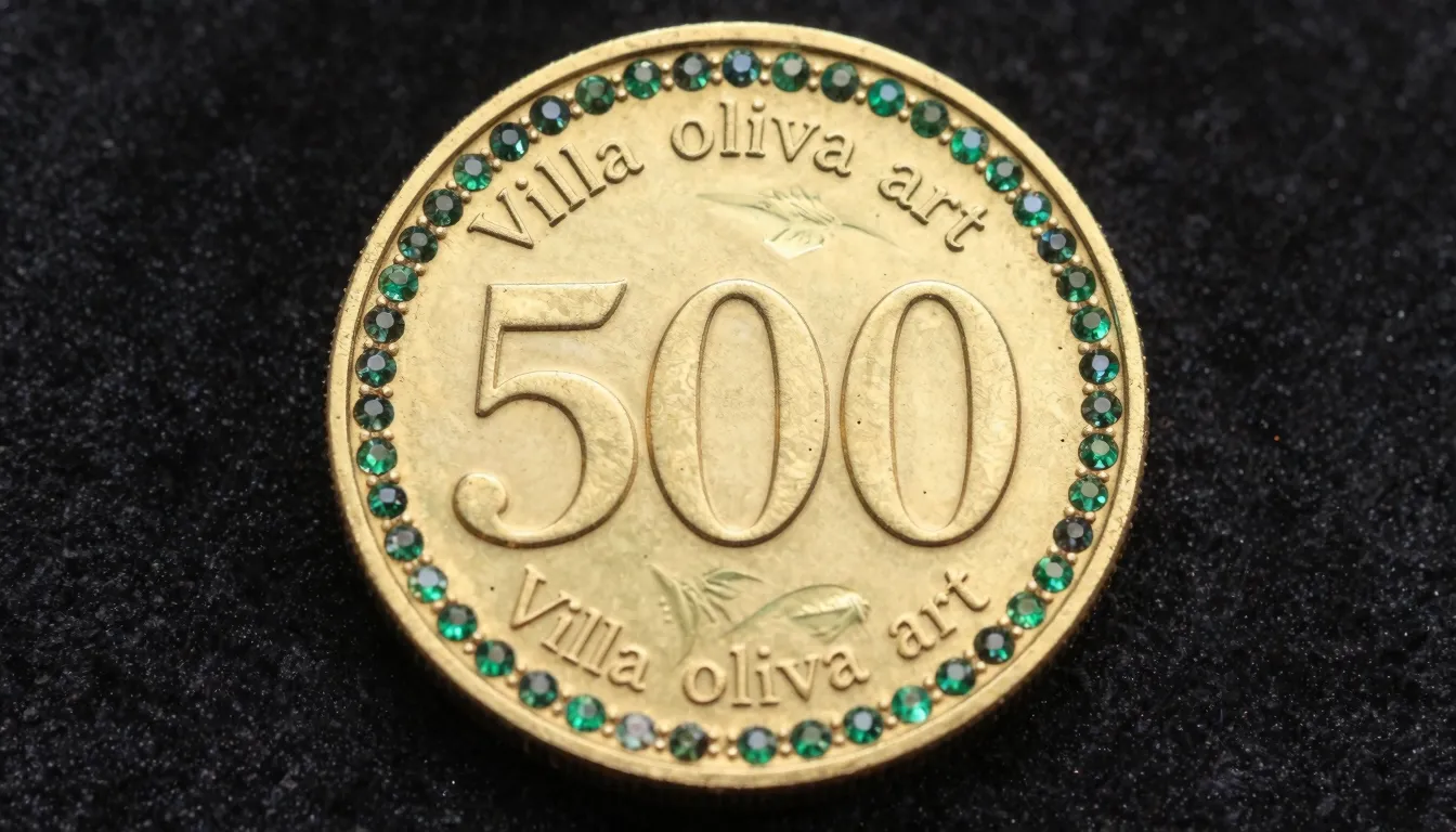 A luxurious gold coin shaped like an olive, encrusted with s...