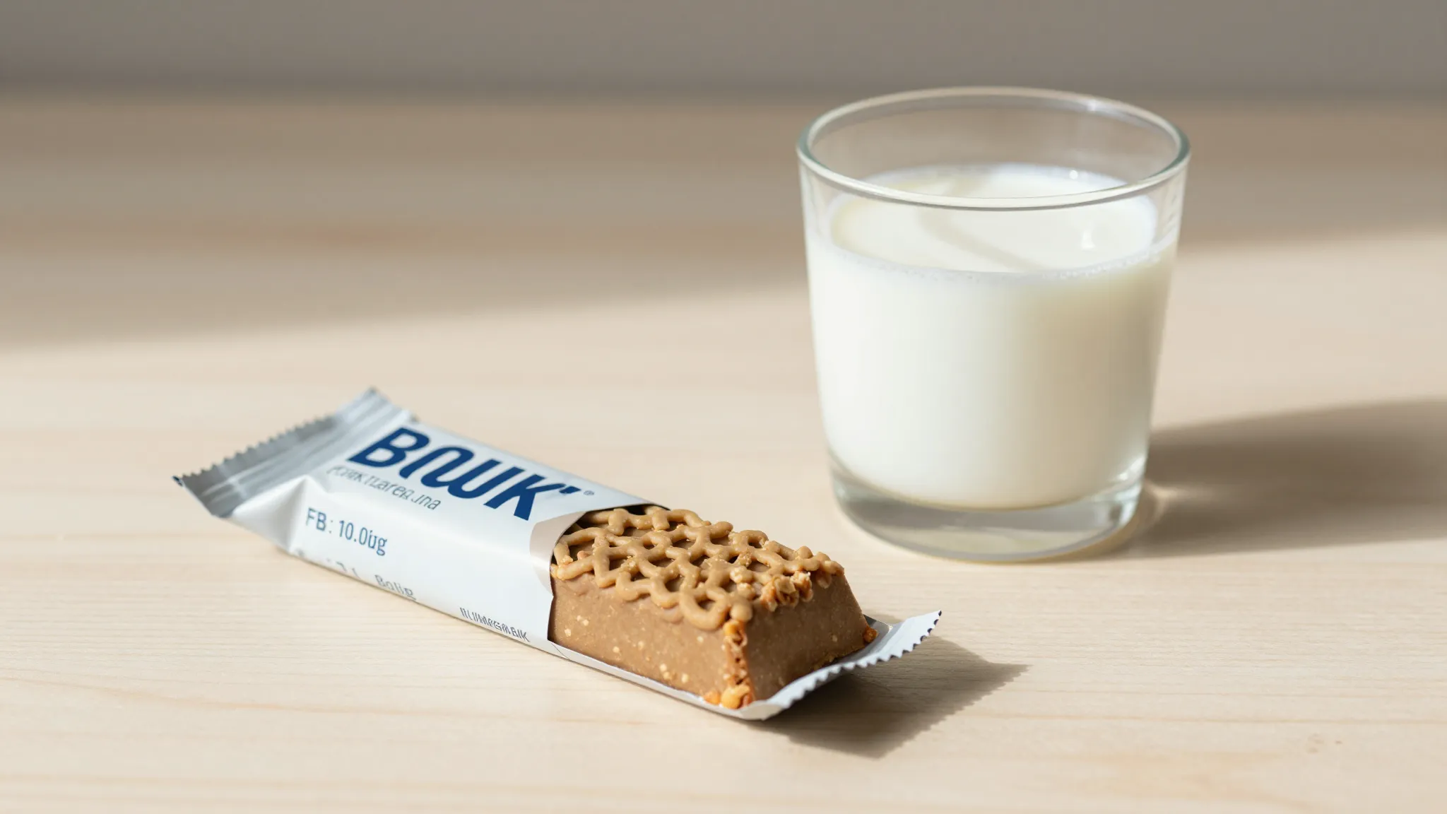 A minimalist composition of a protein bar and a glass of alm...