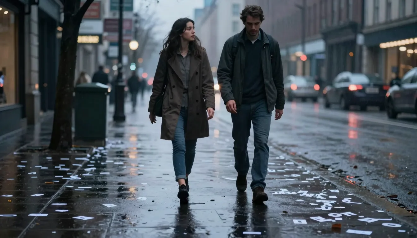 A rainy city street at twilight. A man and a woman walking s...