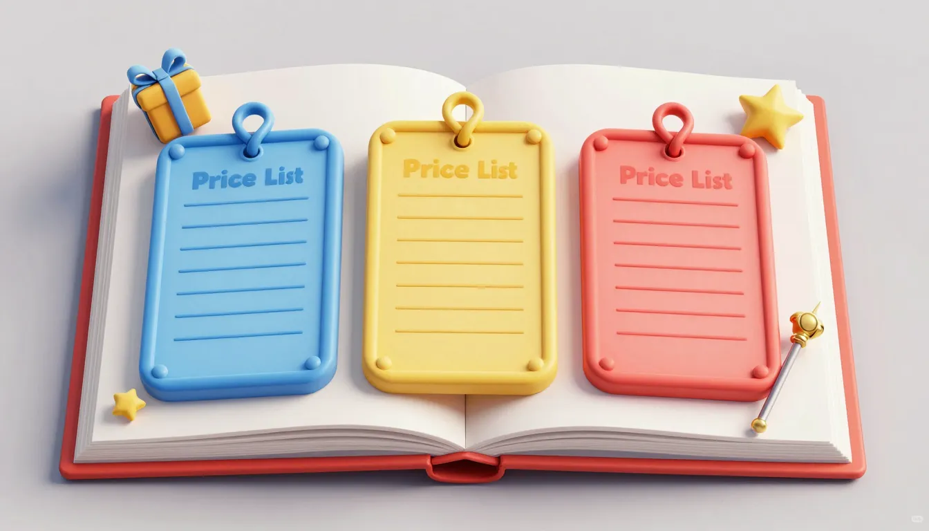 A 3D Pixar style open book spread showing a price list layou...