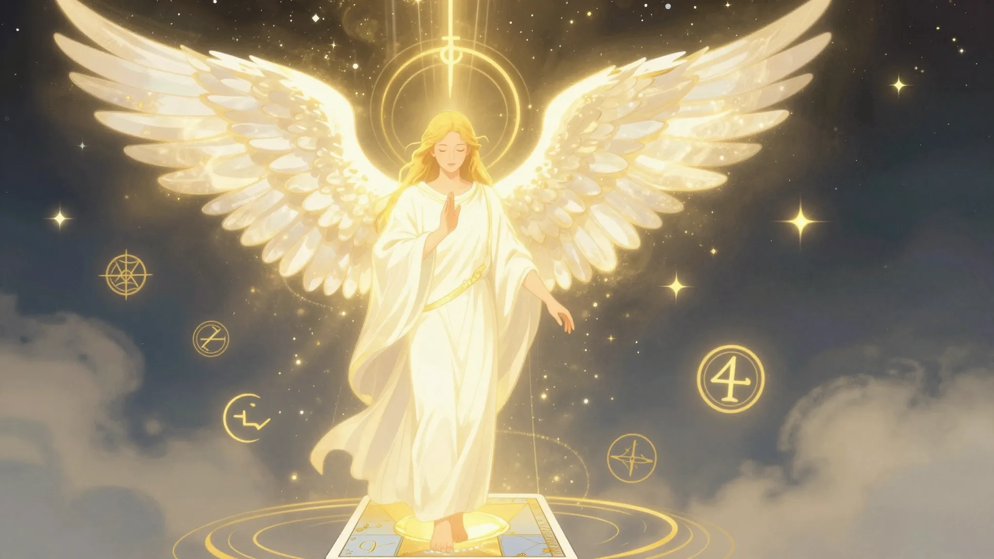Tarot card style illustration of a guardian angel with large...