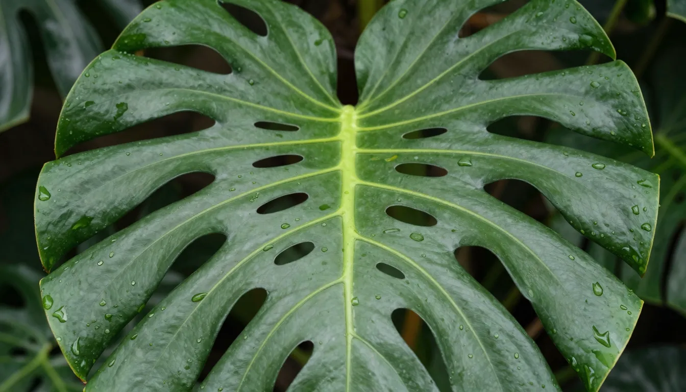 Close-up of a large, glossy Monstera leaf with natural holes...