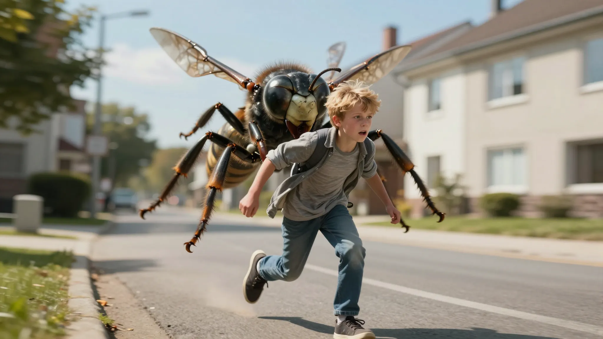 A terrified 13-year-old boy with golden hair running fast th...