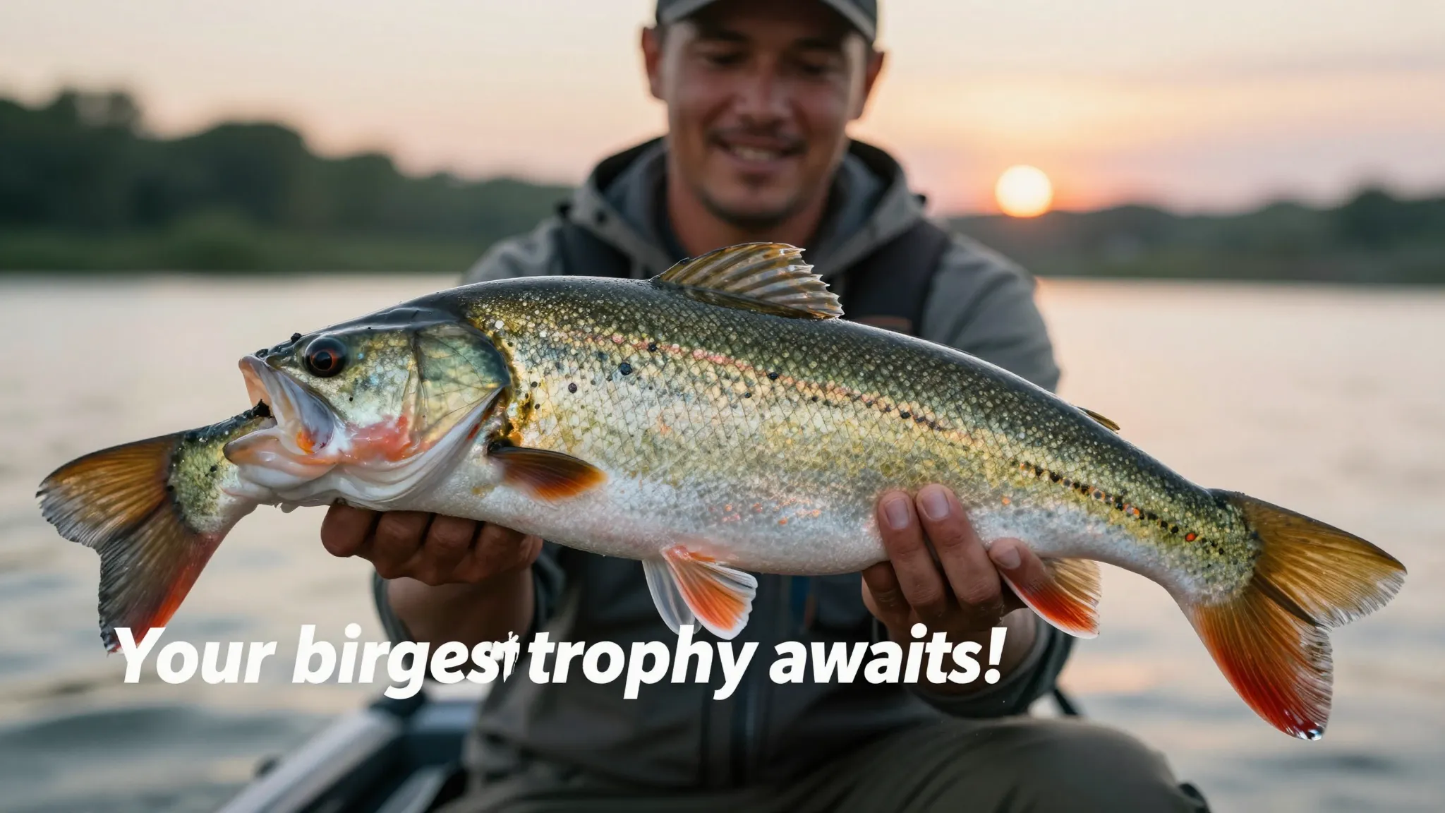 A fisherman holding a very large, impressive fish, with a bl...