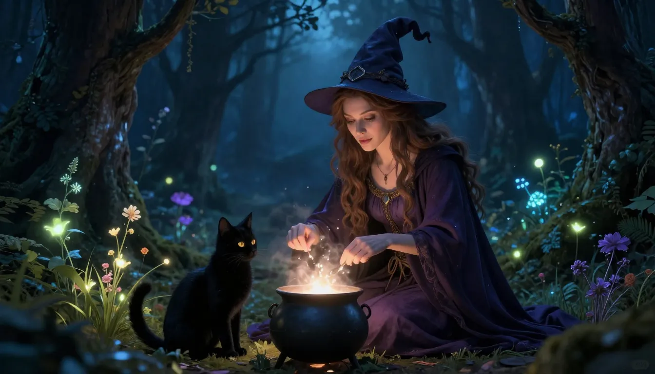 A beautiful witch in a mystical forest at night, surrounded ...