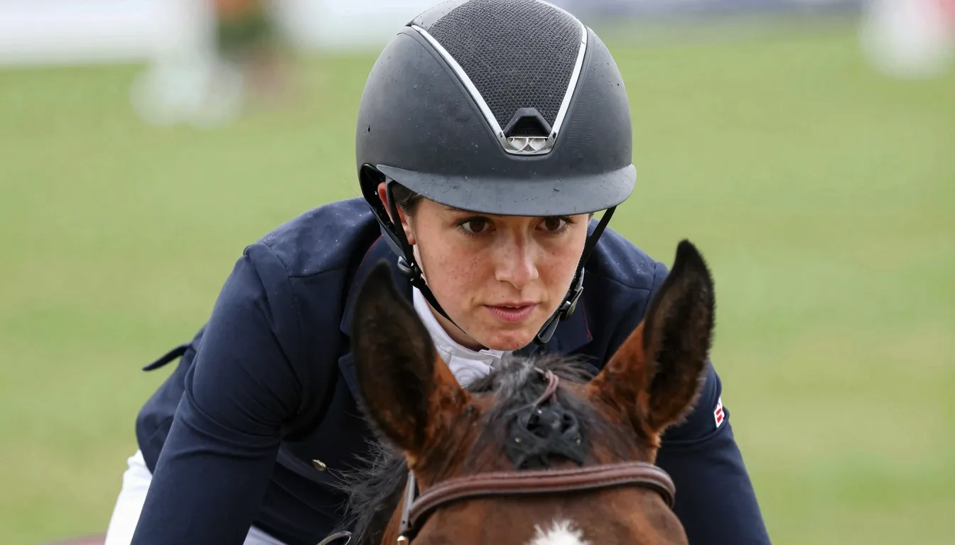 Close-up shot of a determined female rider's face during a s...