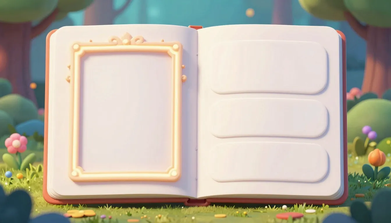 A 3D Pixar style open book spread for a children's portfolio...