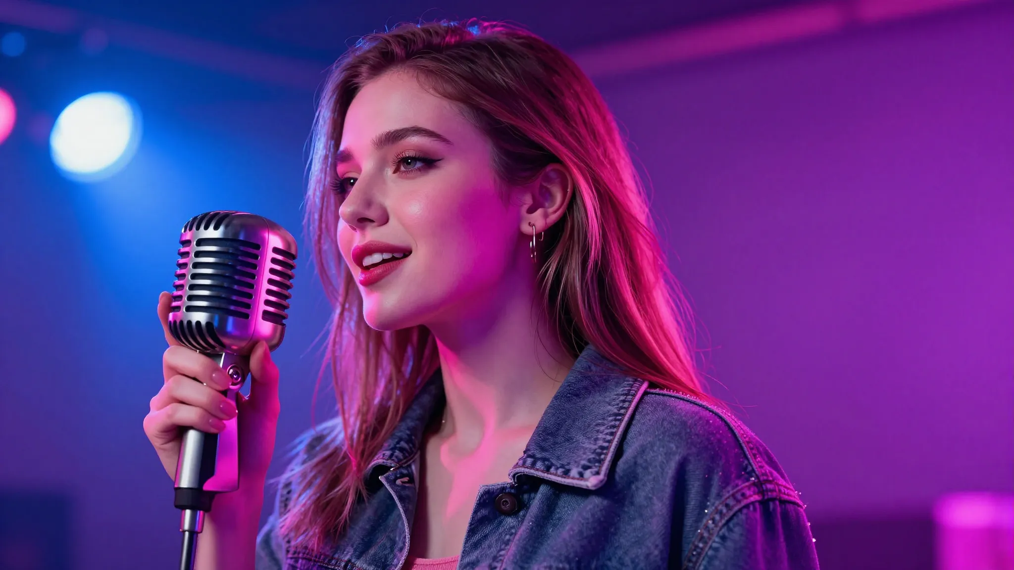 A stylish woman singing into a vintage microphone, neon pink...