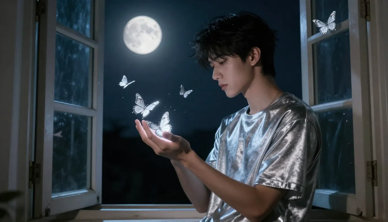 Hyper-realistic shot of a young man in a silver t-shirt by a...