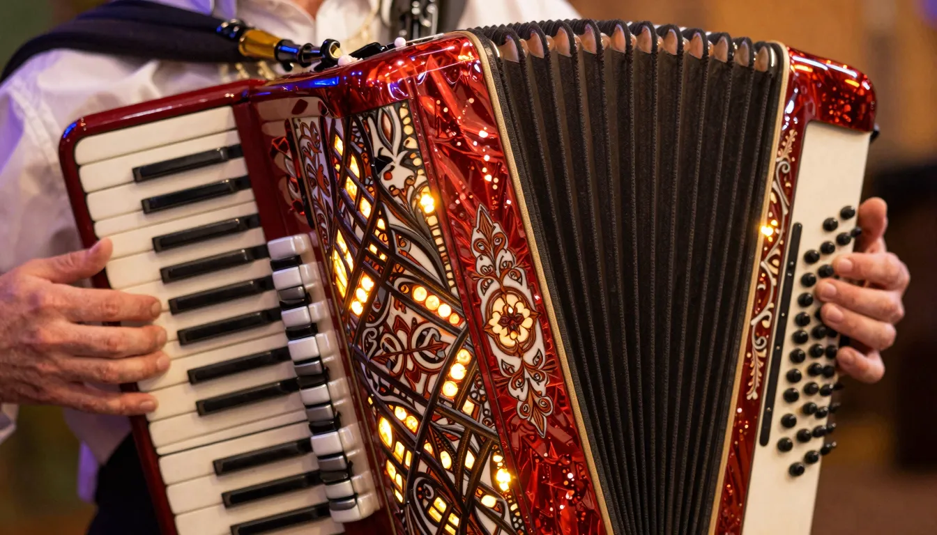 Close up of a decorated Russian accordion with intricate pat...