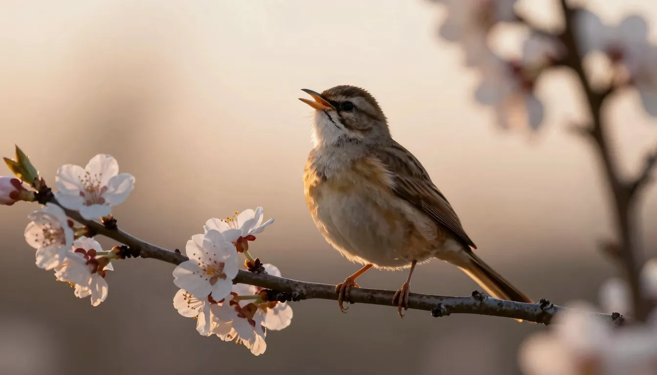A beautiful nightingale singing on a flowering branch, soft ...