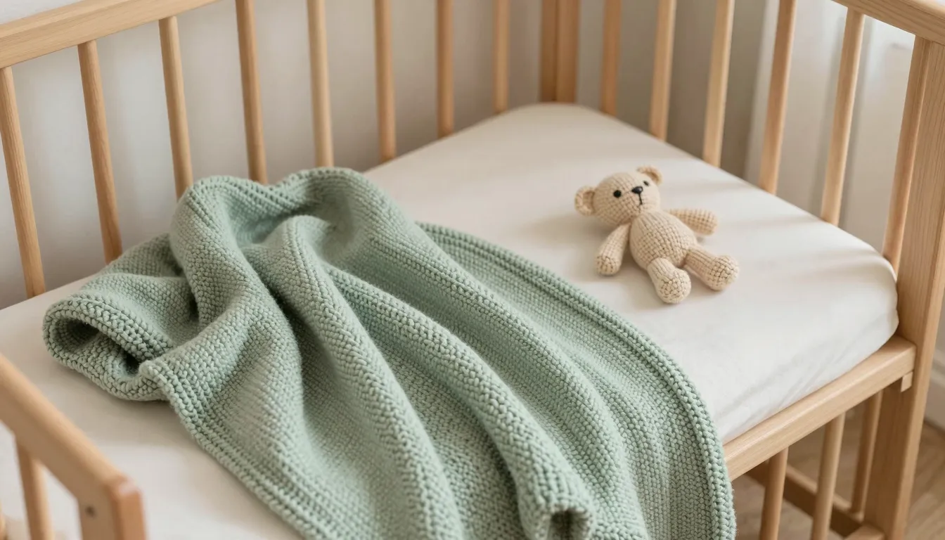 Cozy nursery atmosphere, handmade knitted baby blanket and a...