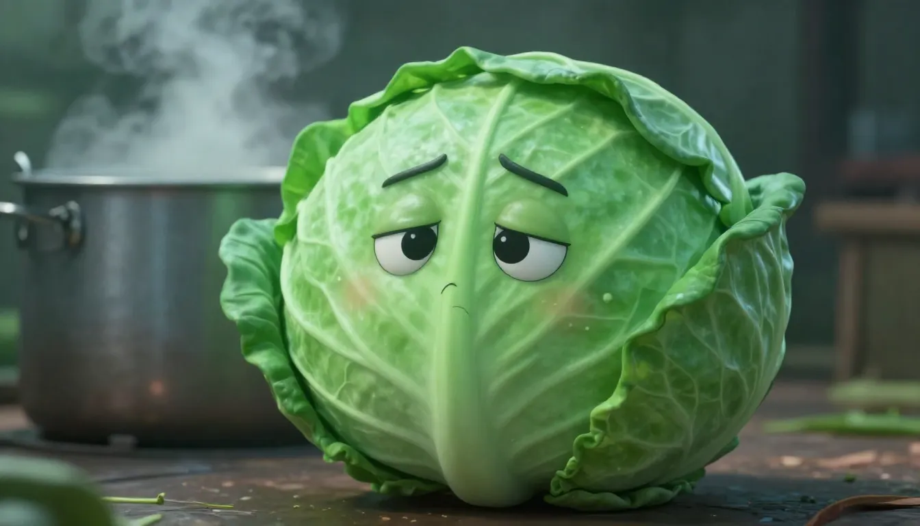 A large, sad green cabbage character in the center, looking ...