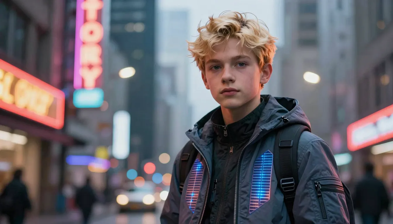 Portrait of a 16-year-old modern Apollo in the city of Zilom...