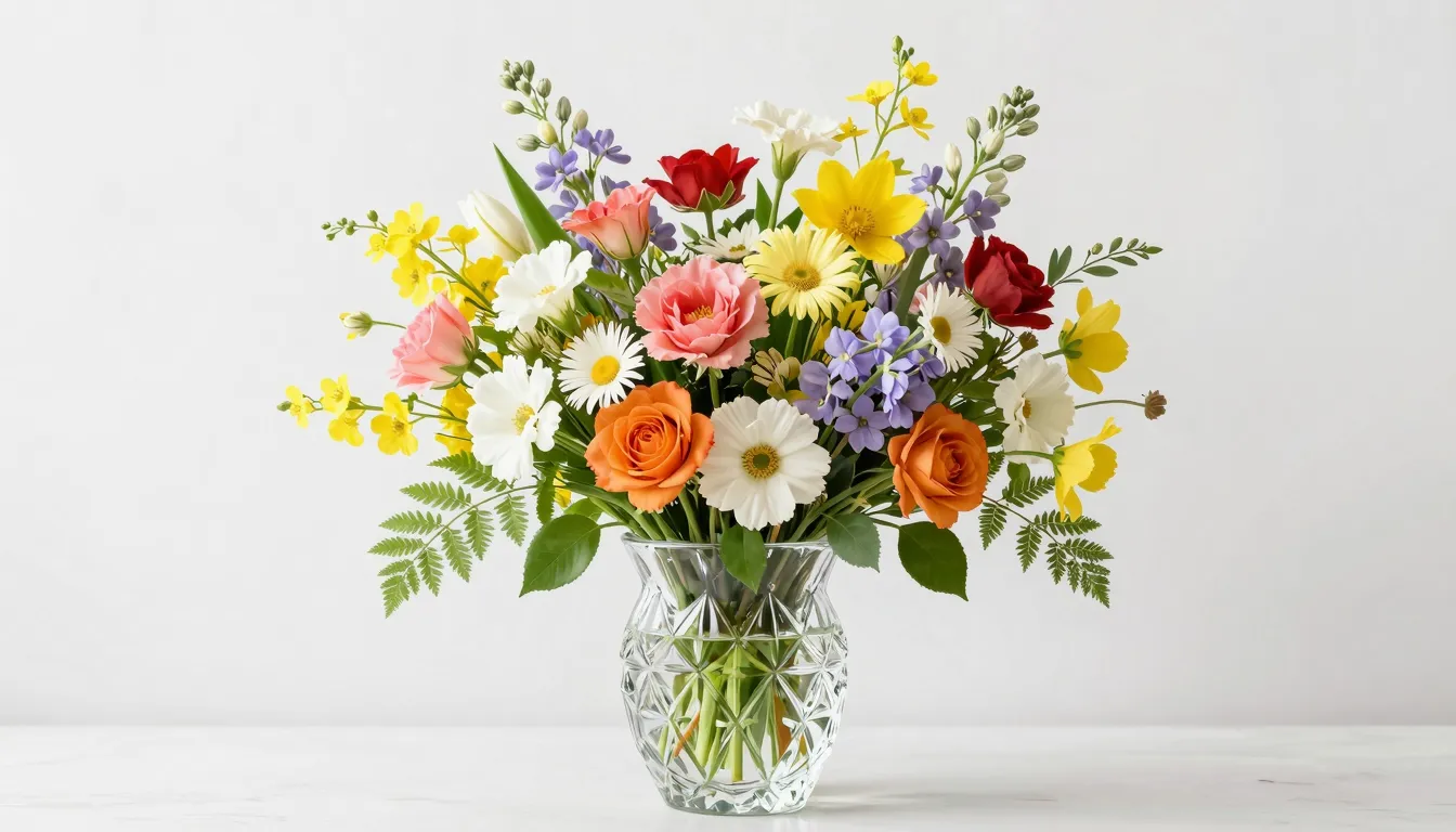 A large, colorful bouquet of various spring flowers in a cry...