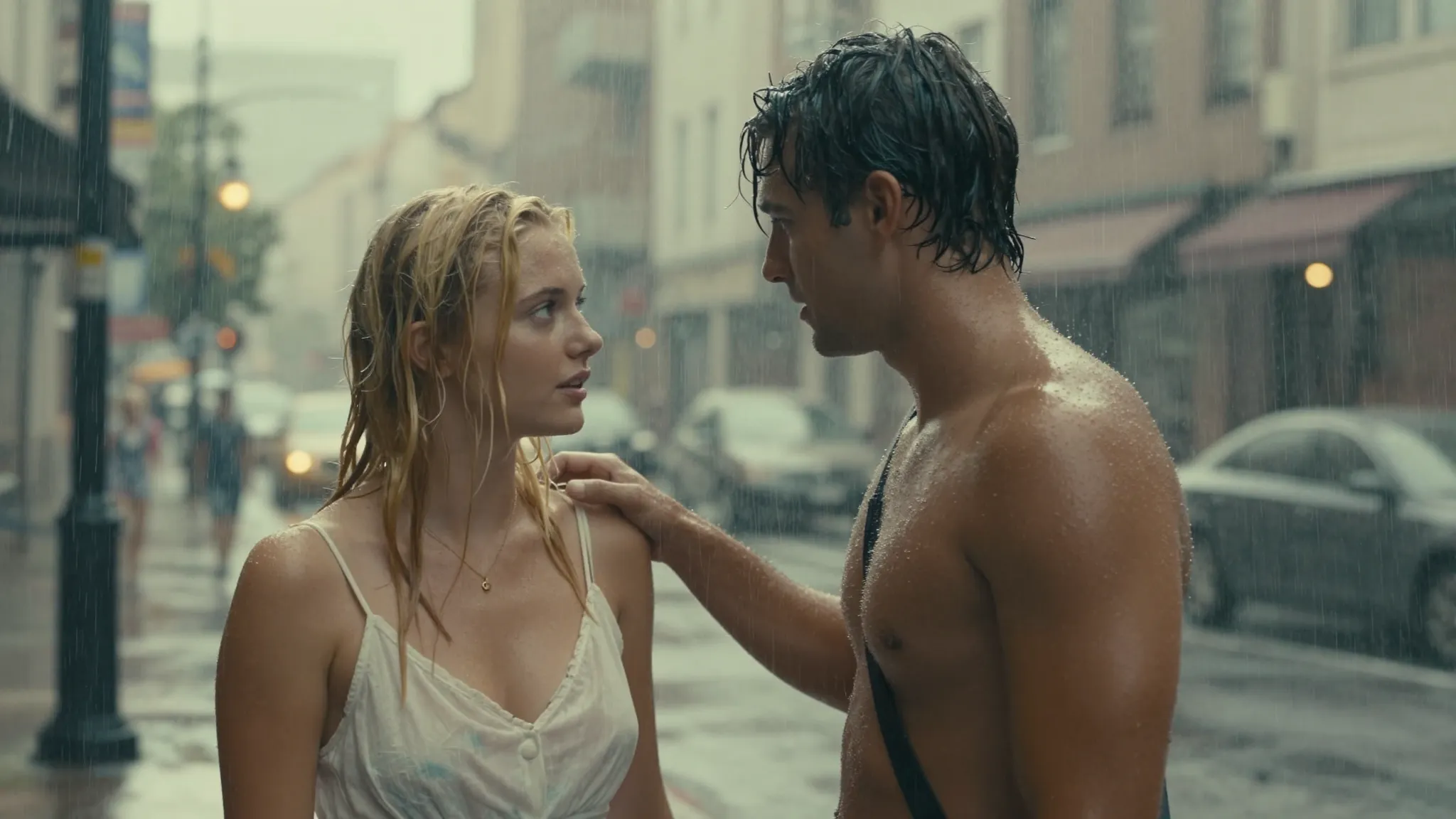Cinematic shot of a young couple standing close under a heav...