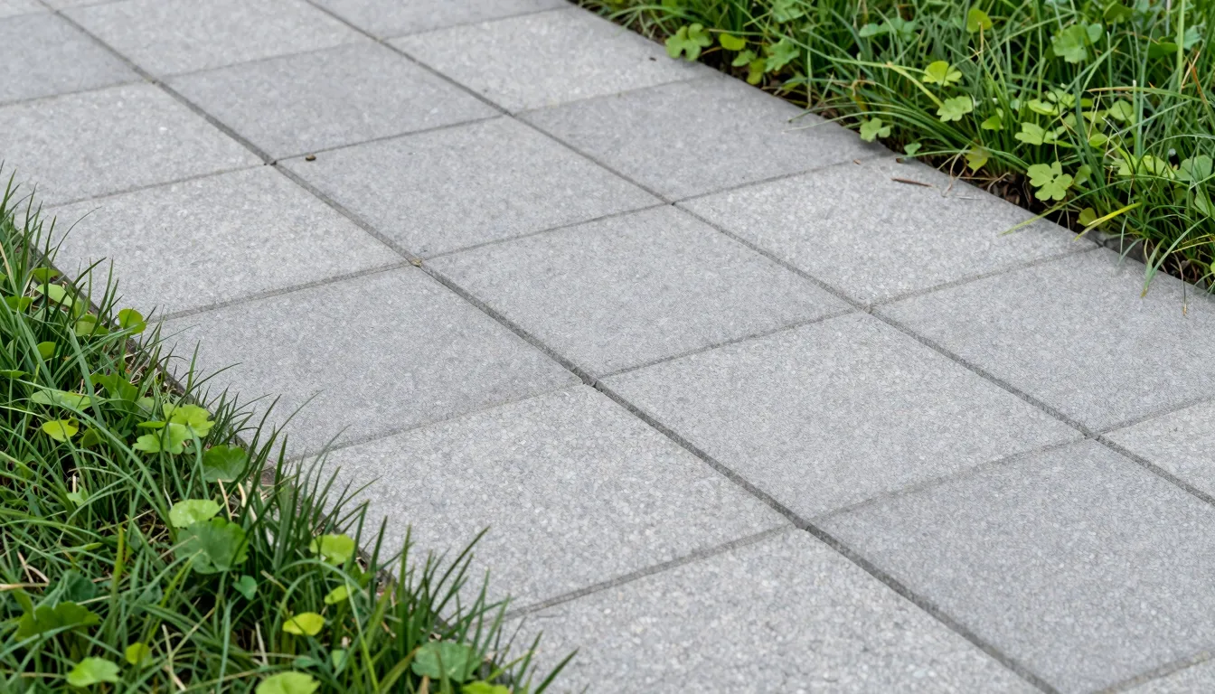 Close-up of high-quality grey paving stones with small green...