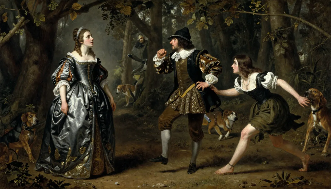 16th century French forest, a noble lady in a luxurious silk...