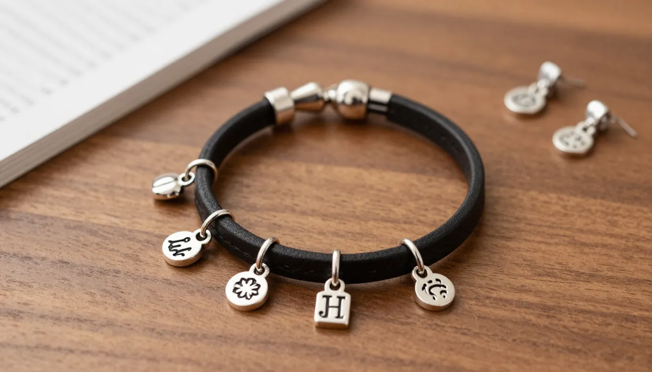 Elegant leather bracelet with small silver charms on a woode...