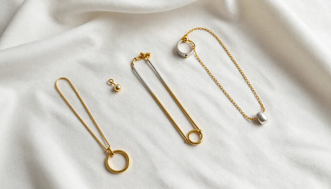 A collection of minimalist gold and silver jewelry arranged ...