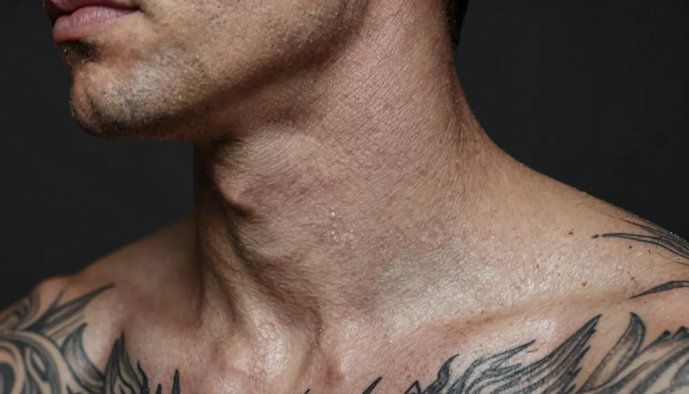 Close-up of a realistic man's neck and shoulder with intrica...