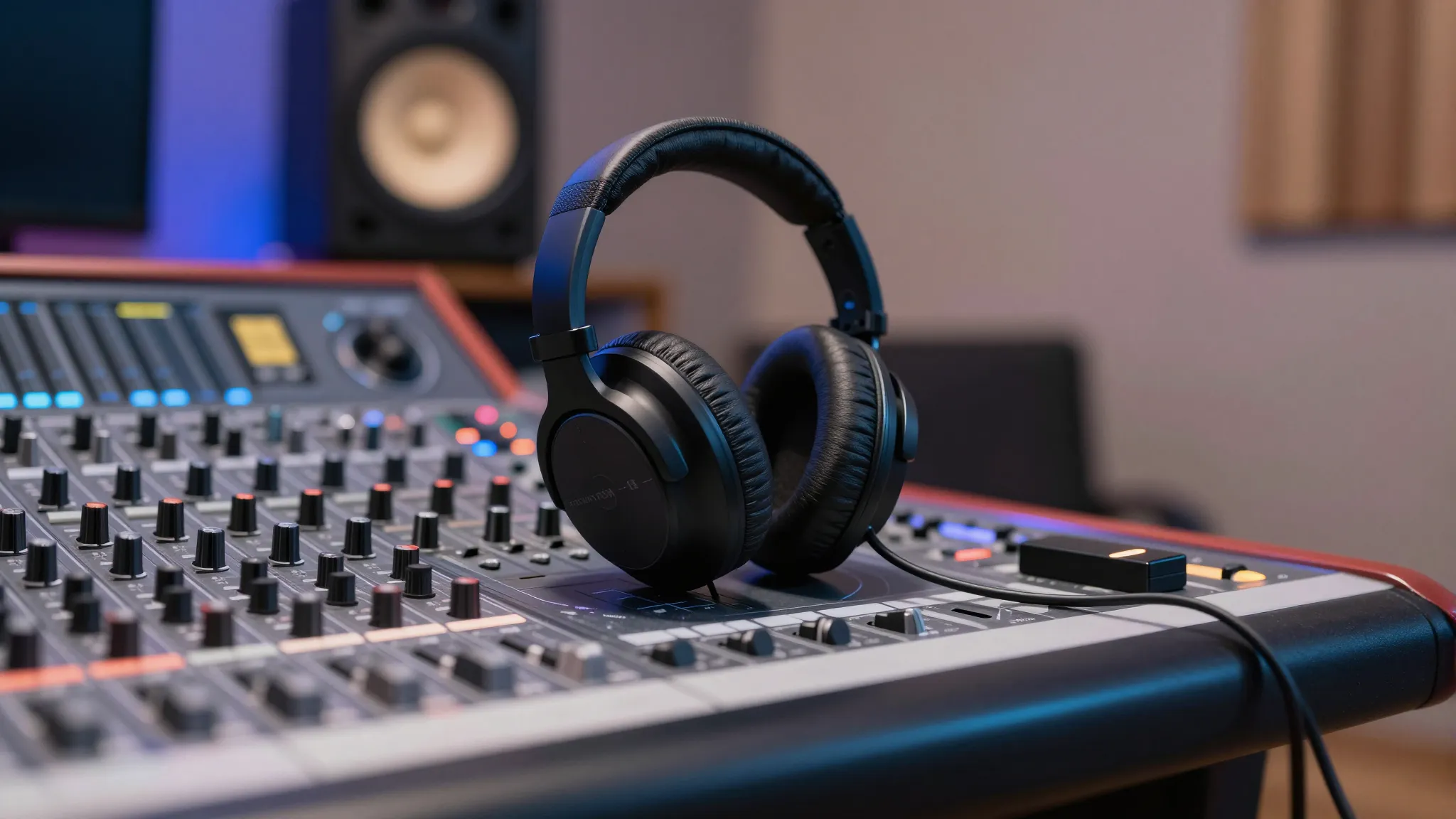 Professional music studio equipment, headphones on a mixing ...