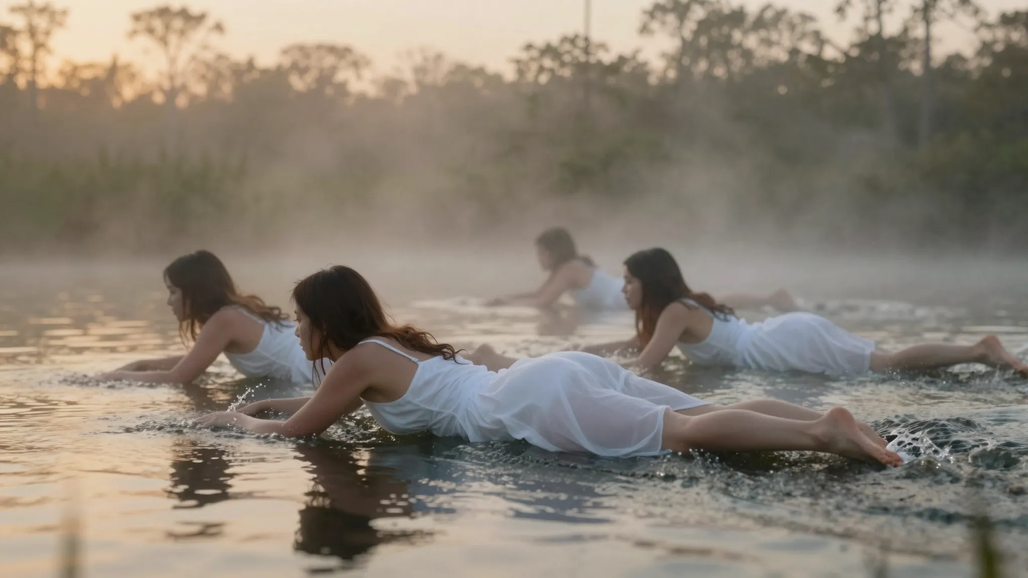 Double exposure effect, girls in white nightgowns swimming c...