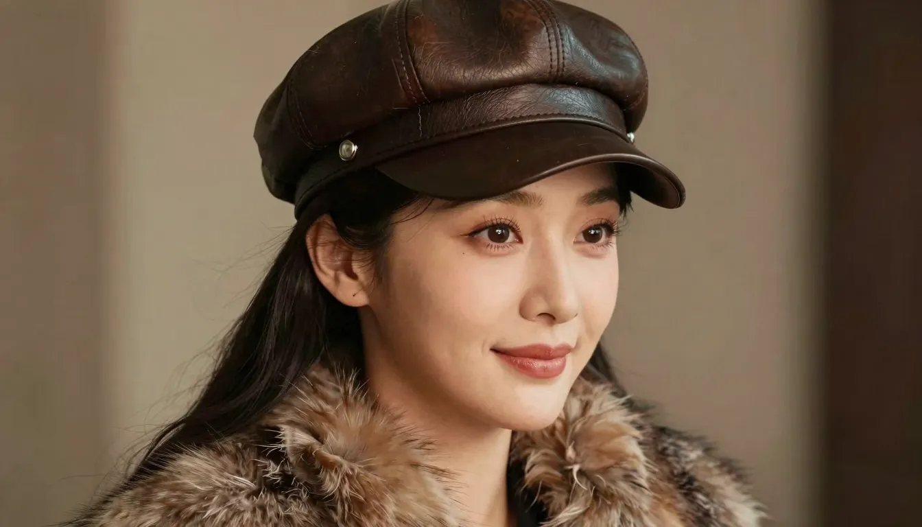 A beautiful woman wearing a stylish luxury leather cap and a...