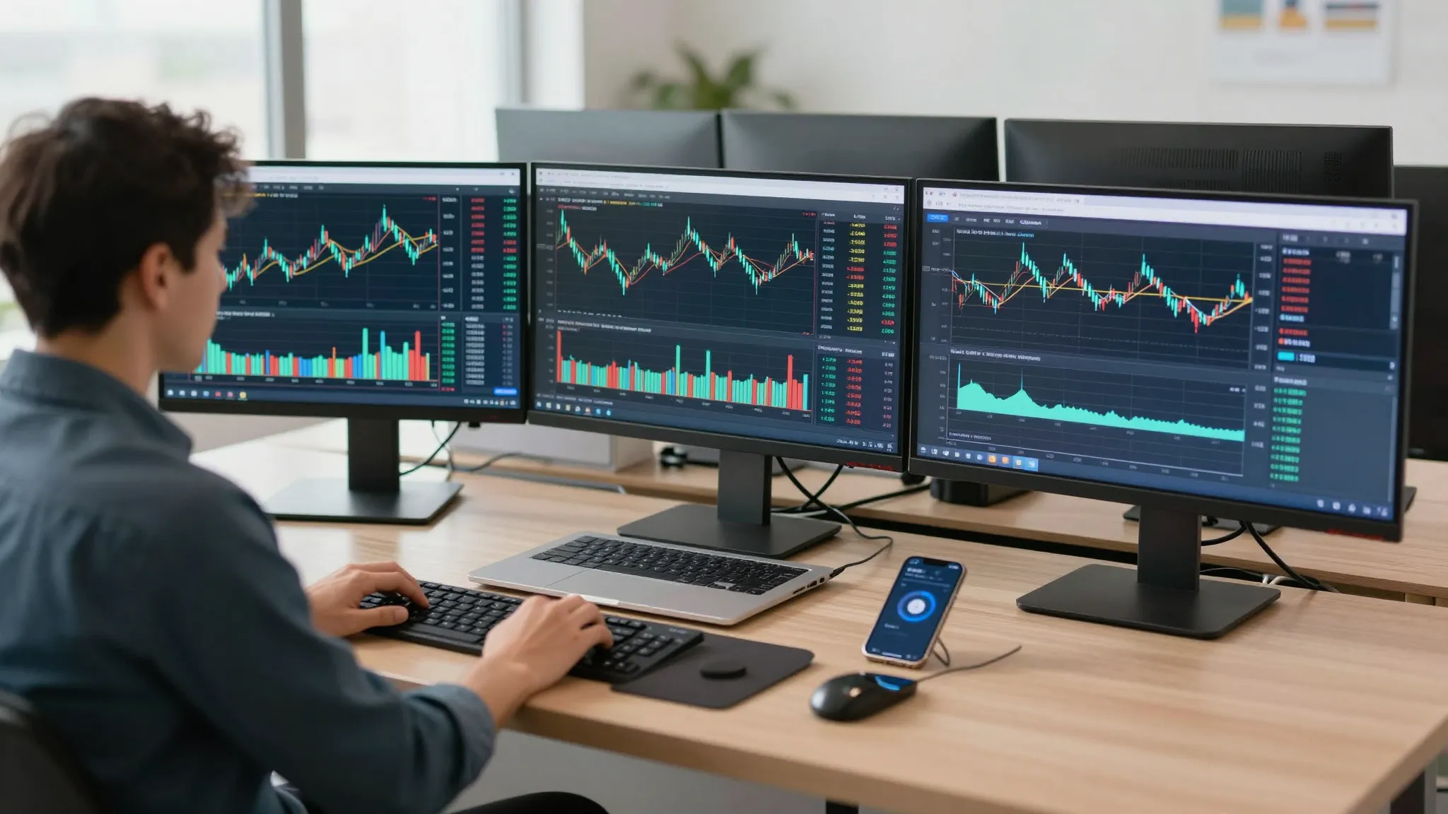 A professional trader's workspace with multiple monitors sho...