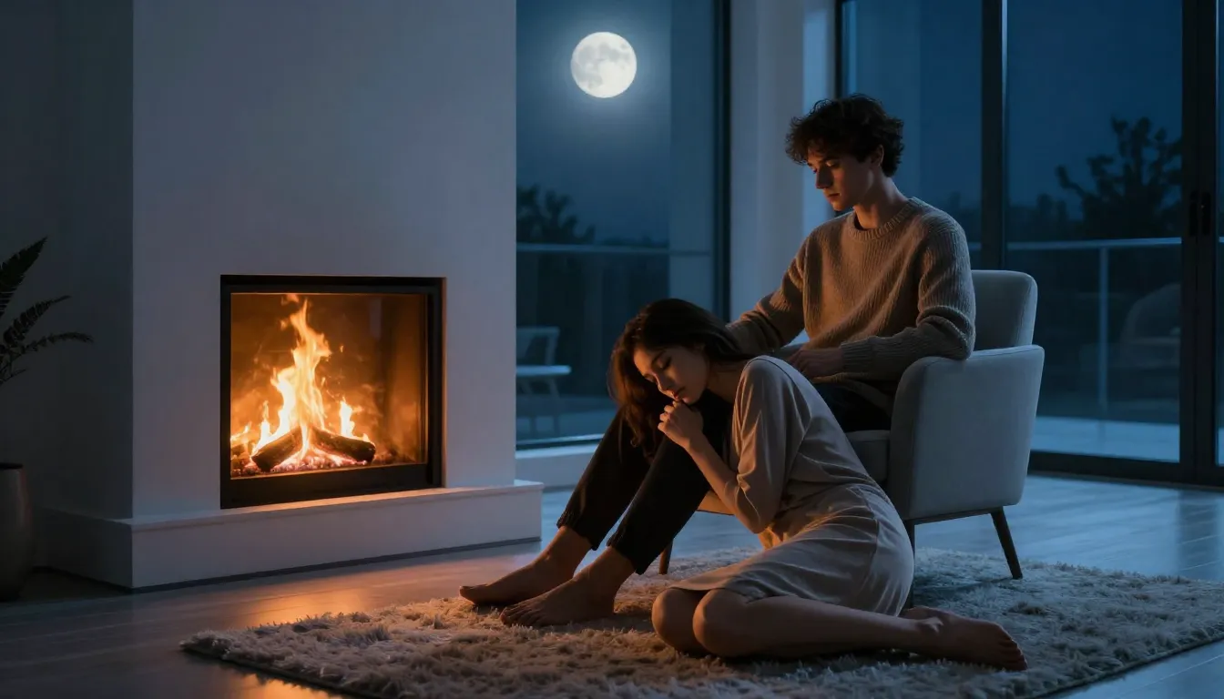 A modern, stylish interior at night. A sleek fireplace is bu...