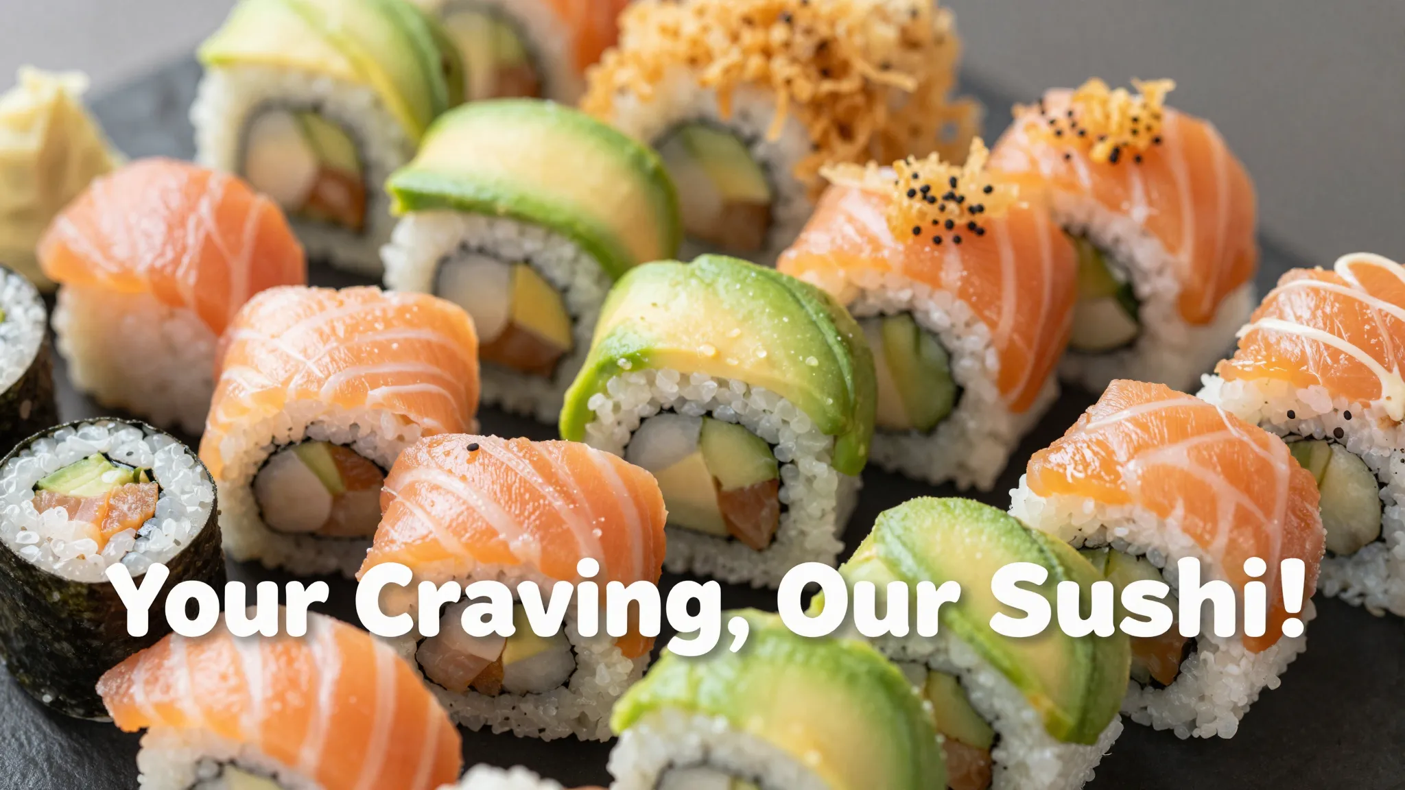 A dynamic and appealing close-up shot of a variety of sushi ...